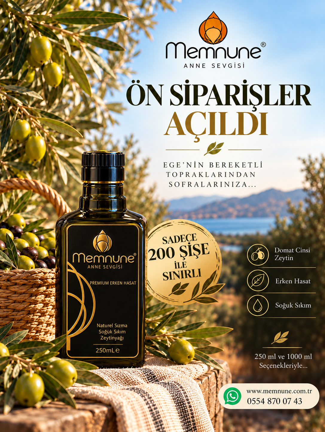 Premium Erken Hasat Zeytinyağı Filtreli Berrak 250mLT Cam Şişe (Ege, Salihli)