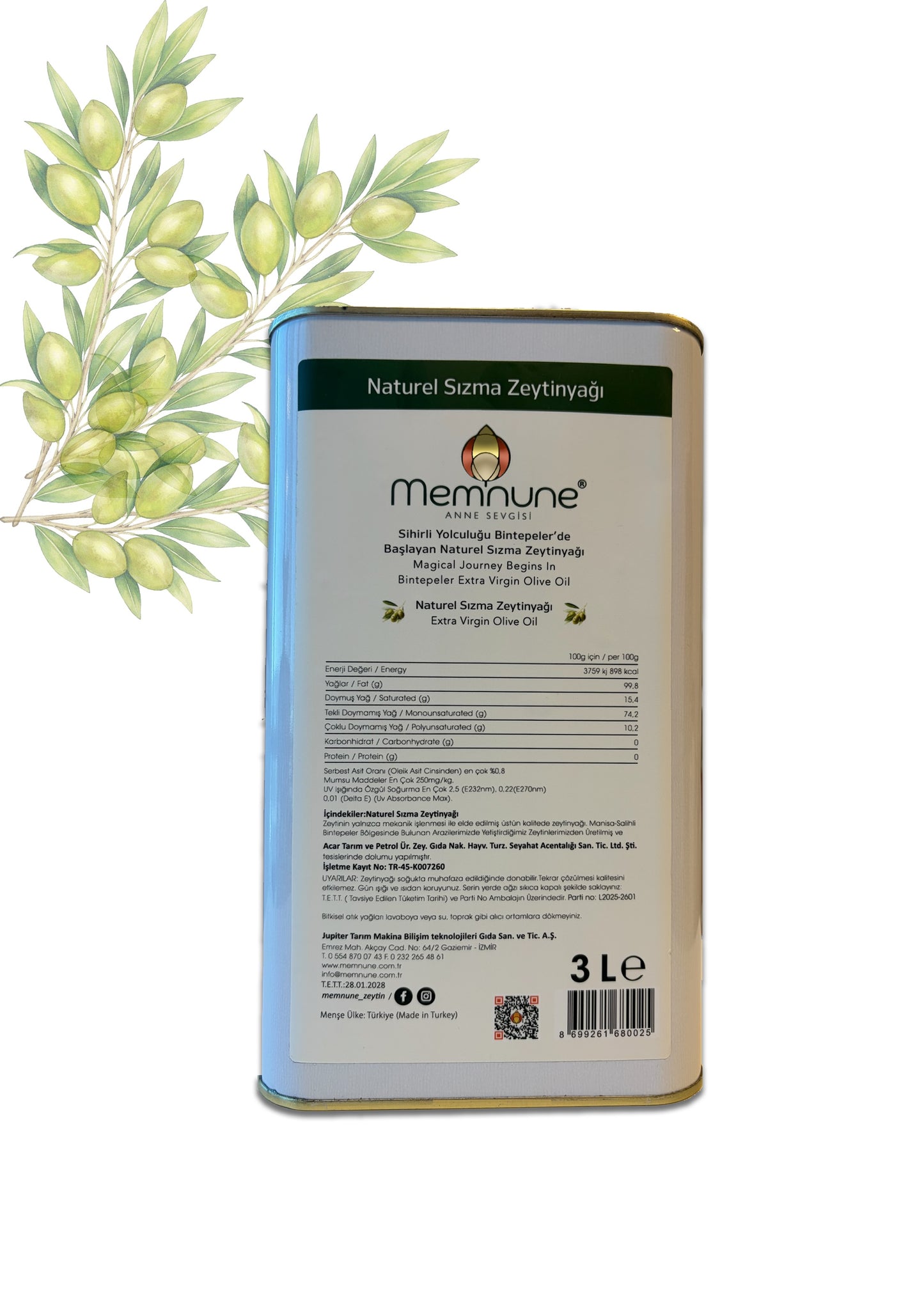 Memnune 3Lt Teneke Zeytinyağ Arkadan Görünüş