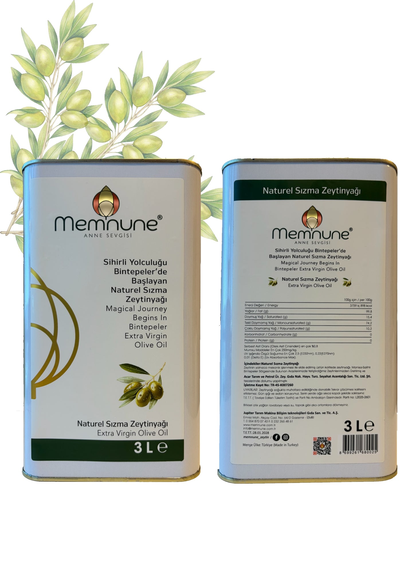 Memnune 3Lt Teneke Zeytinyağ Önden ve Arkadan Görünüş