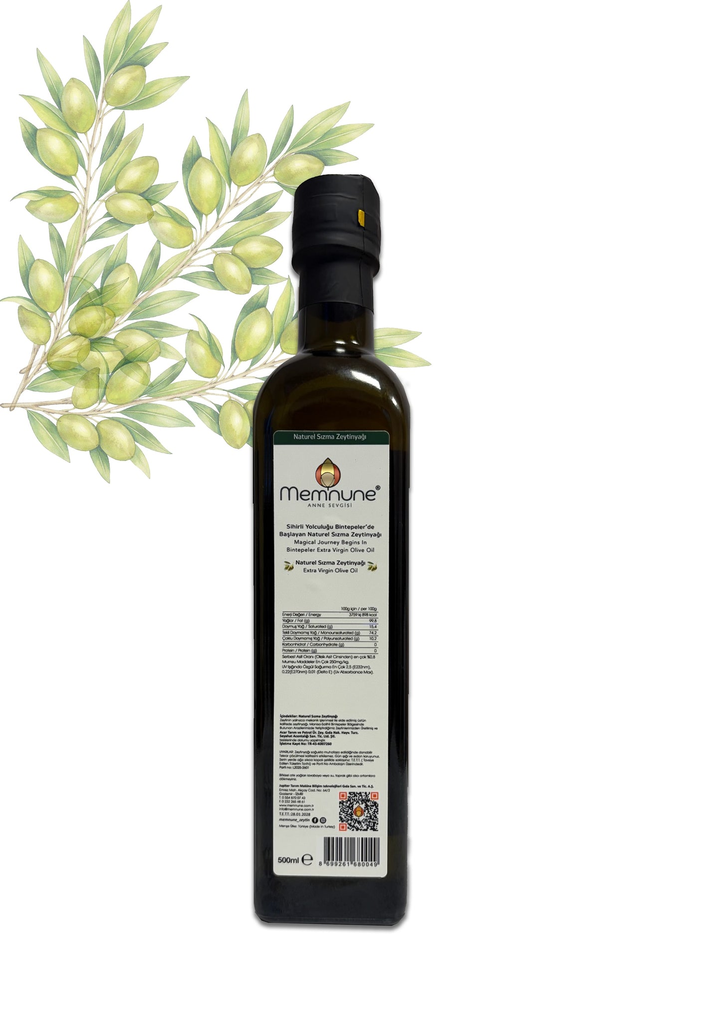 Memnune 500ml Cam Şişe Zeytinyağ Arkadan Görünüş