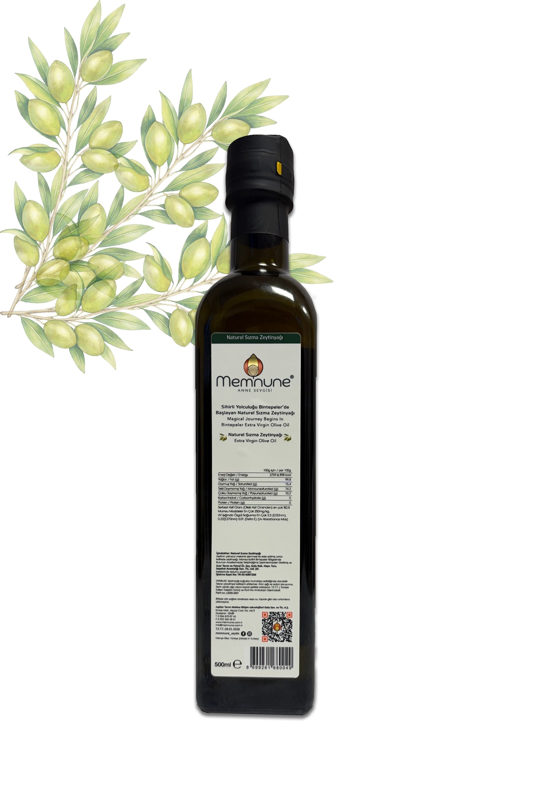 Memnune 500ml Cam Şişe Zeytinyağ Arkadan Görünüş