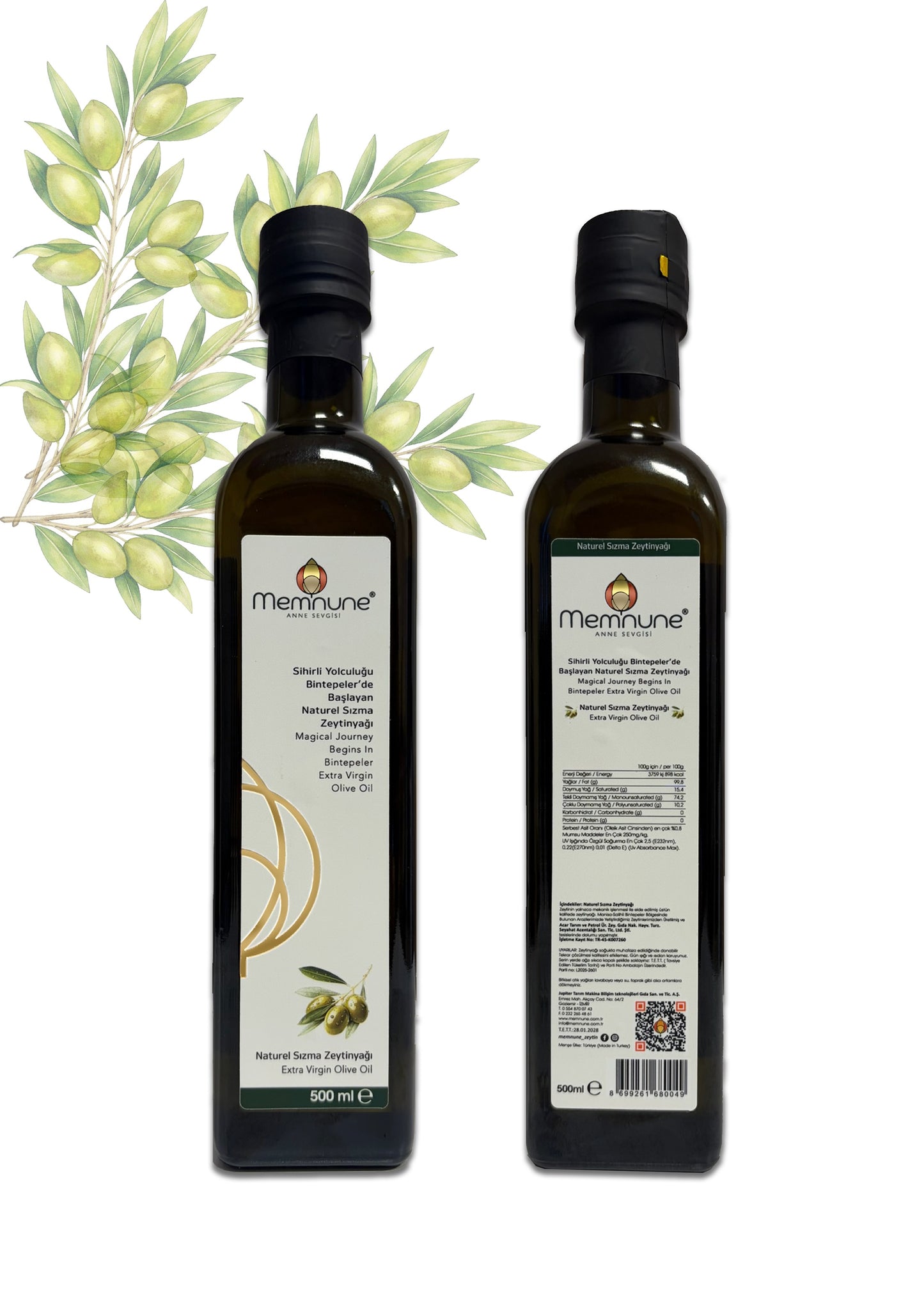 Memnune 500ml Cam Şişe Zeytinyağ Önden ve Arkadan Görünüş
