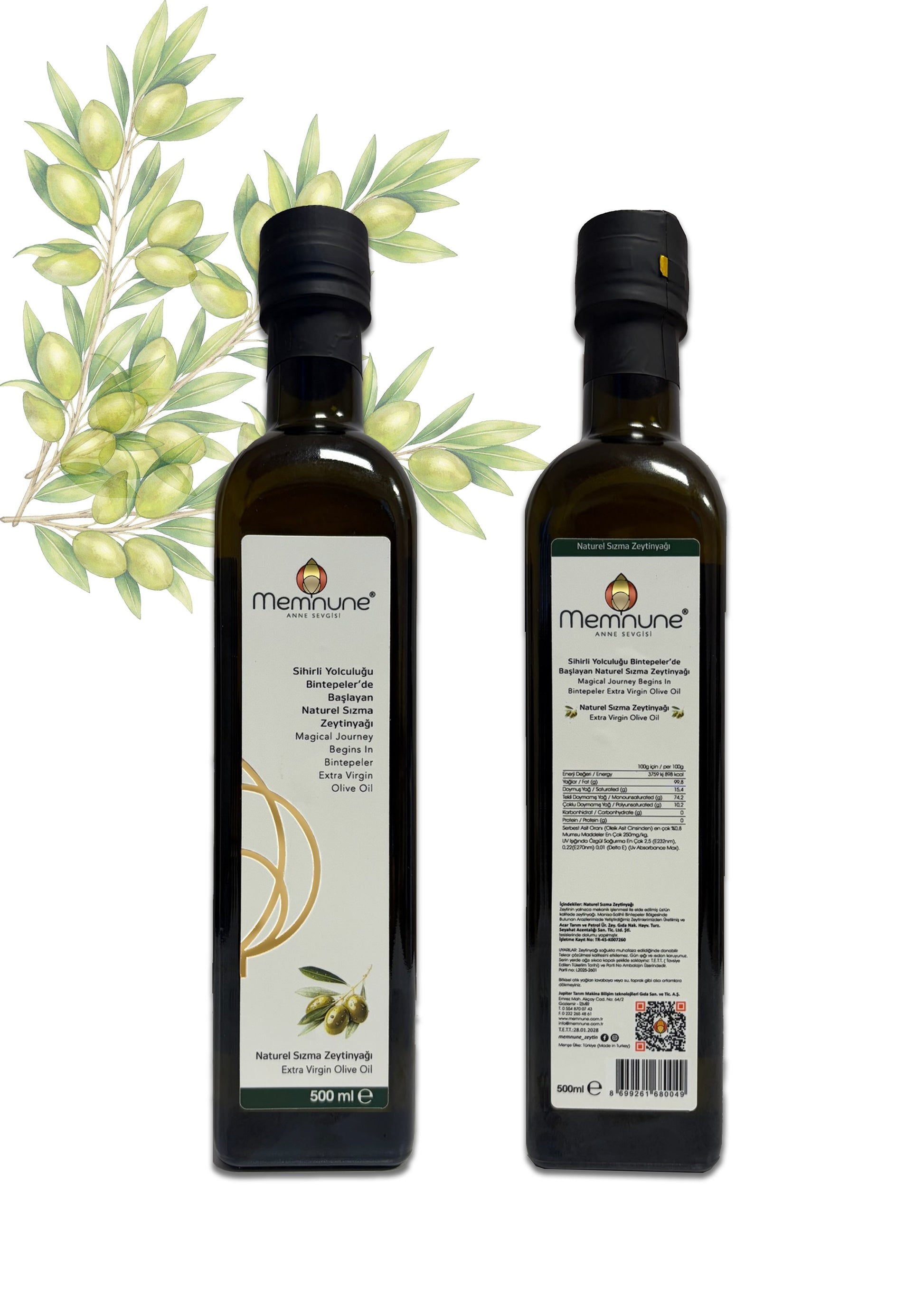 Memnune 500ml Cam Şişe Zeytinyağ Önden ve Arkadan Görünüş