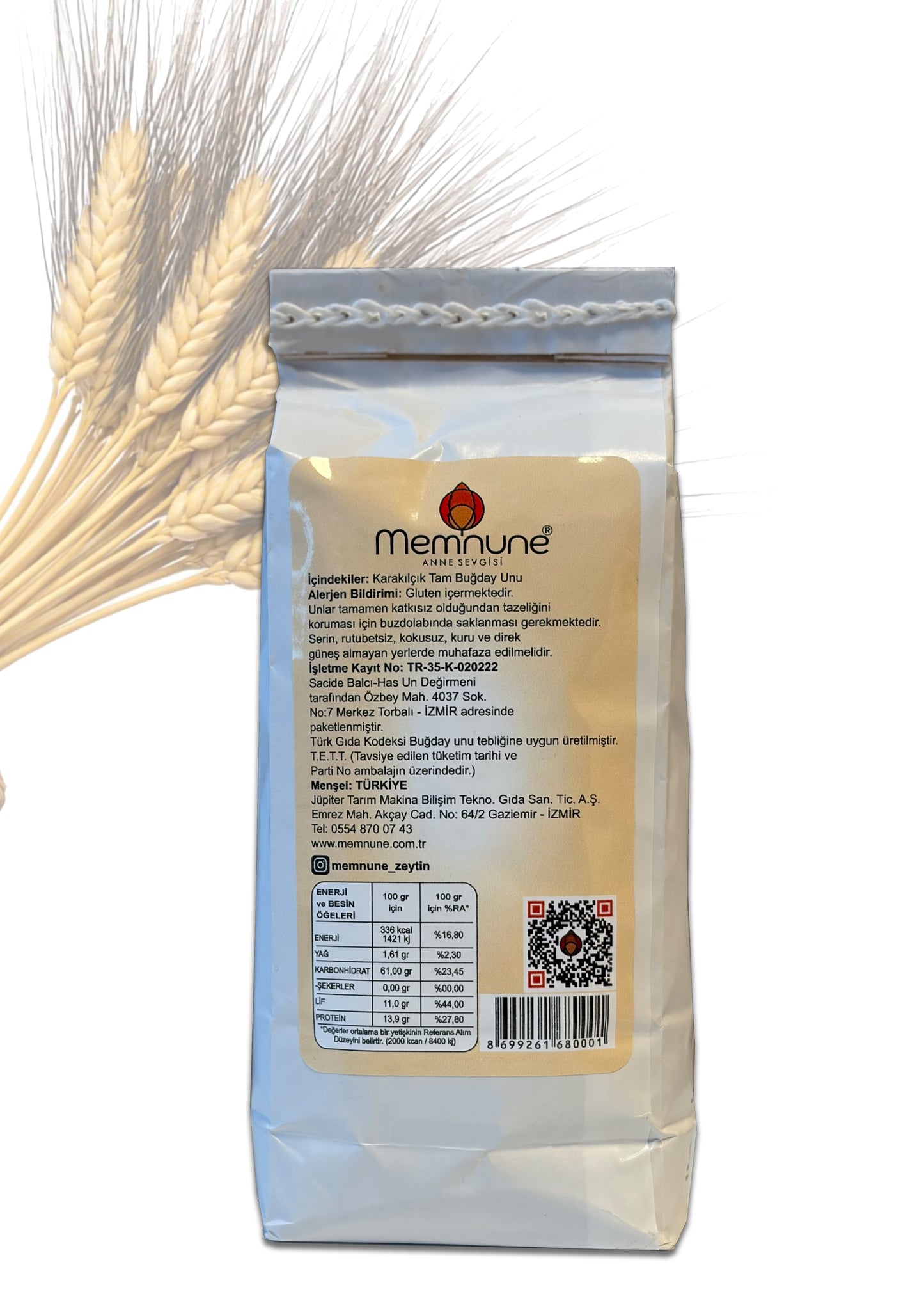Memnune 1Kg Karakılçık Buğdaydan Zımparalanmış Öğütülmüş Paket Un Arkadan Görünüş